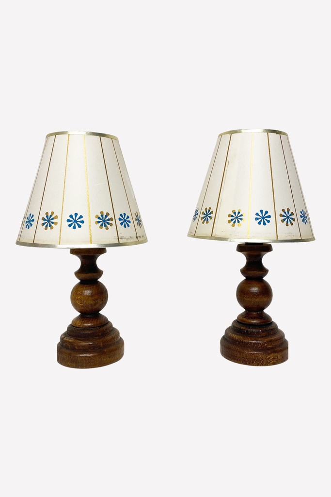 Mid-Century Wooden Table Lamps with Floral Patterned Shades (Pair)