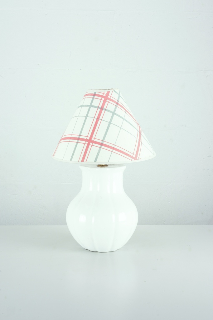 Vintage White Ceramic Table Lamp with Red Plaid Fabric Shade