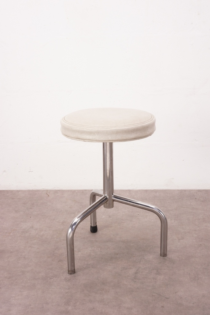 Modern Chrome and White Upholstered Stool