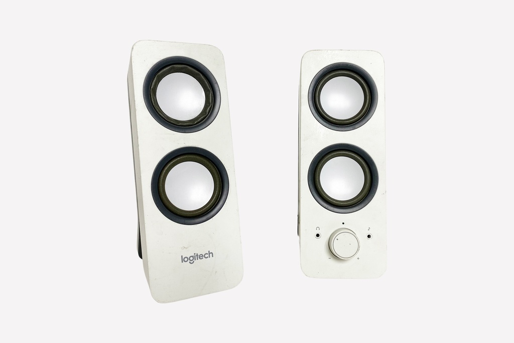 White Logitech Computer Speakers with Volume Dial