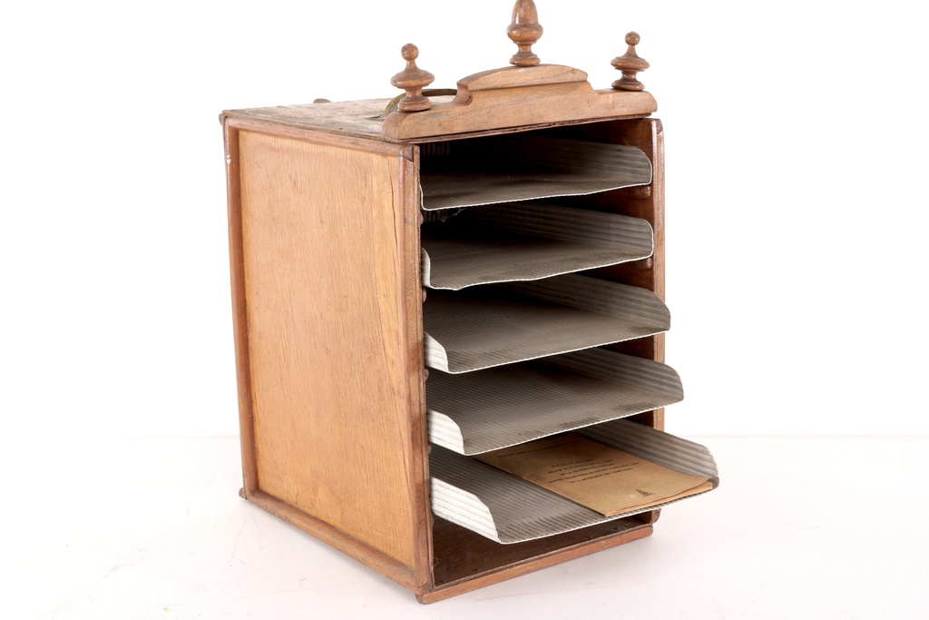 Vintage Wooden Filing Organizer with Decorative Finials