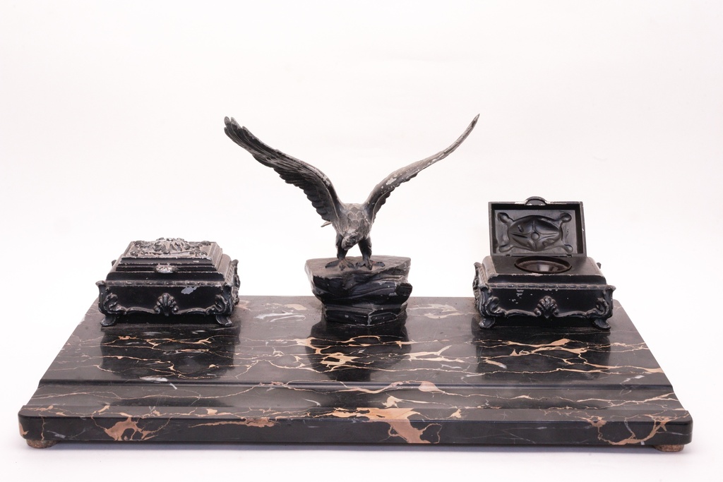 Ornate Black Marble Desk Set with Eagle Sculpture and Dual Inkwells