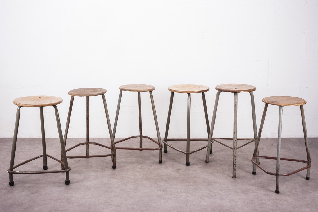 Vintage Industrial Metal Stools with Wooden Seats - Set of Six