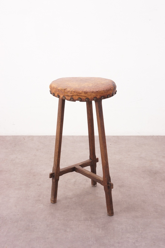Rustic Wooden Stool with Distressed Leather Seat