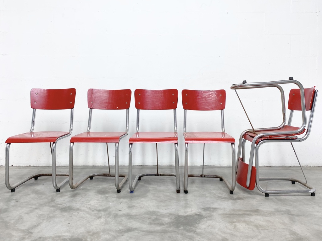 Mid-Century Modern Red and Chrome Stacking Chairs Set