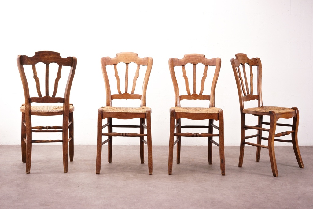 Set of Four Rustic Wooden Dining Chairs with Woven Seats