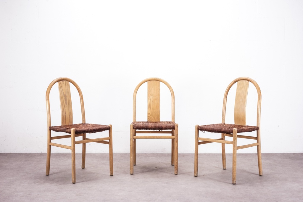 Set of Three Rustic Cane and Wood Dining Chairs