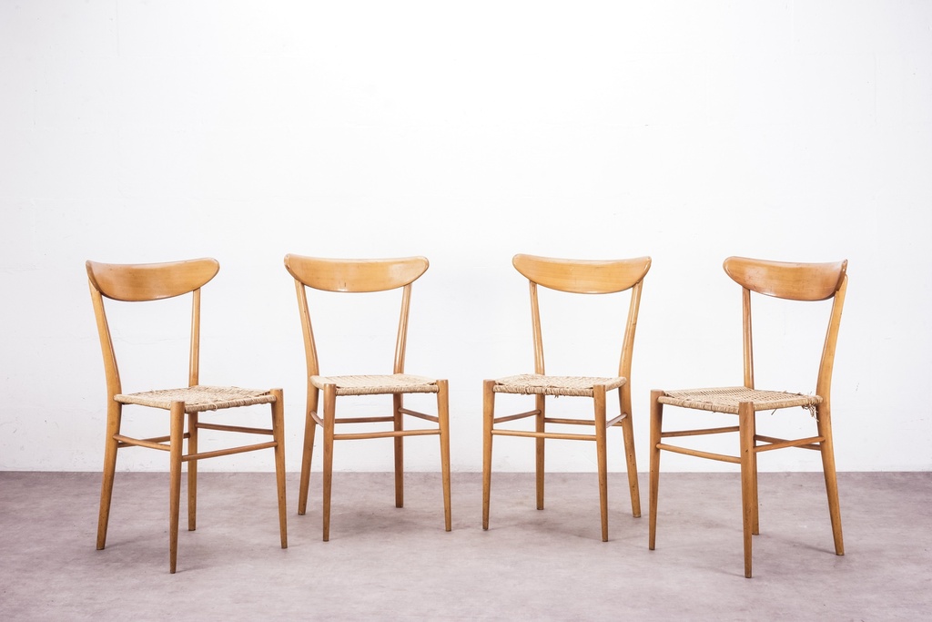 Set of Four Mid-Century Modern Wooden Dining Chairs with Woven Seats