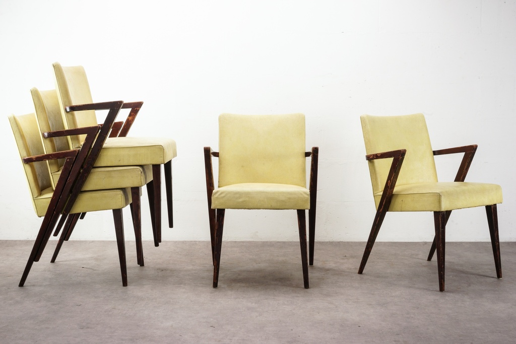 Mid-Century Modern Yellow Dining Chairs with Angular Wood Arms