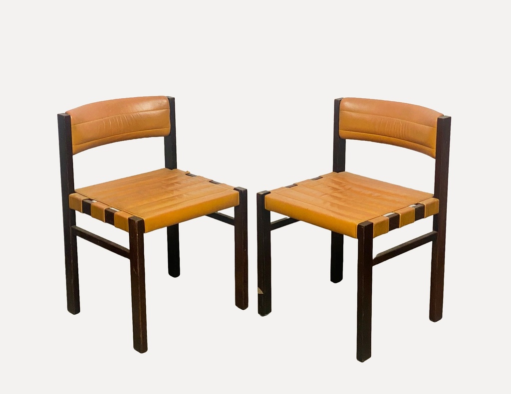 Mid-Century Modern Leather and Wood Dining Chairs (Set of 2)