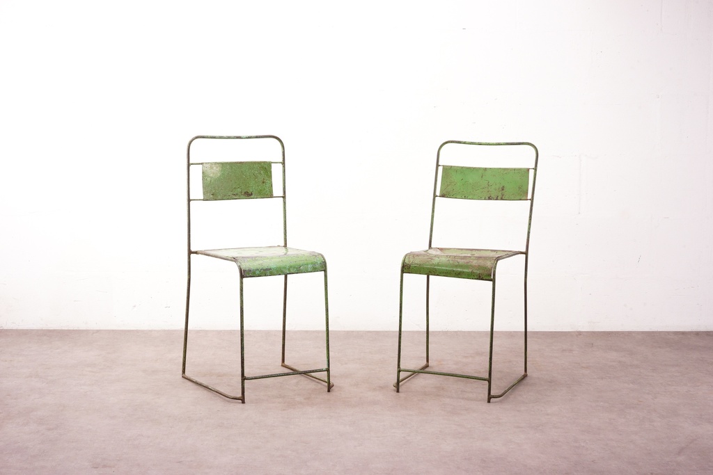 Vintage Industrial Green Metal Chairs Duo