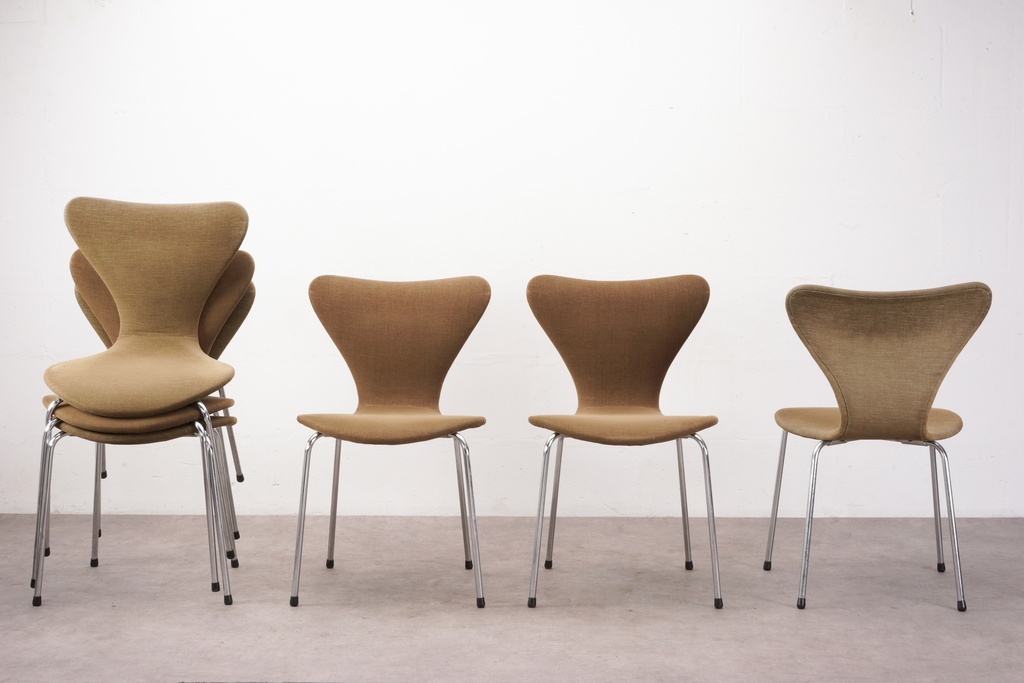 Mid-Century Modern Tan Upholstered Dining Chairs Set