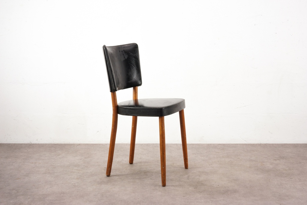 Vintage Black Vinyl Dining Chair with Wooden Legs
