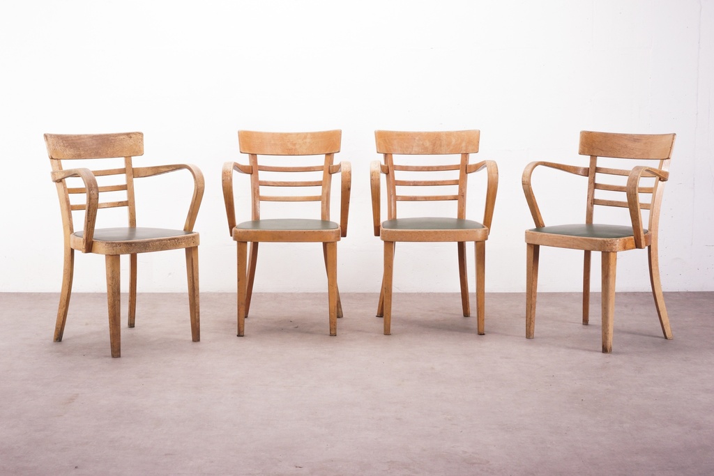 Vintage Wooden Armchair Set with Green Cushioned Seats