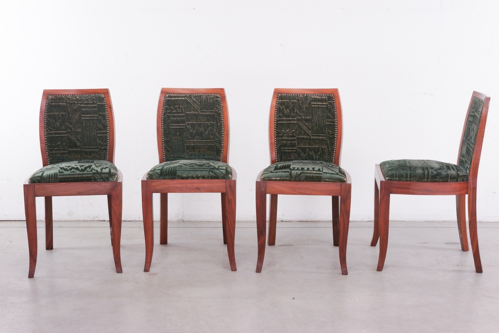 Art Deco Walnut Dining Chairs with Emerald Upholstery - Set of Four
