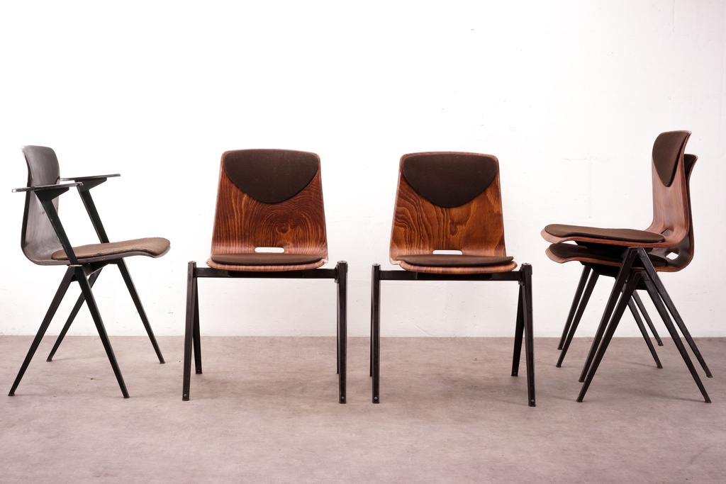 Mid-Century Modern Stacking Chairs with Streamlined Metal Frames
