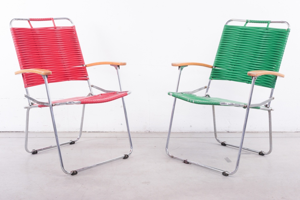Retro Woven Patio Chairs - Red and Green Duo