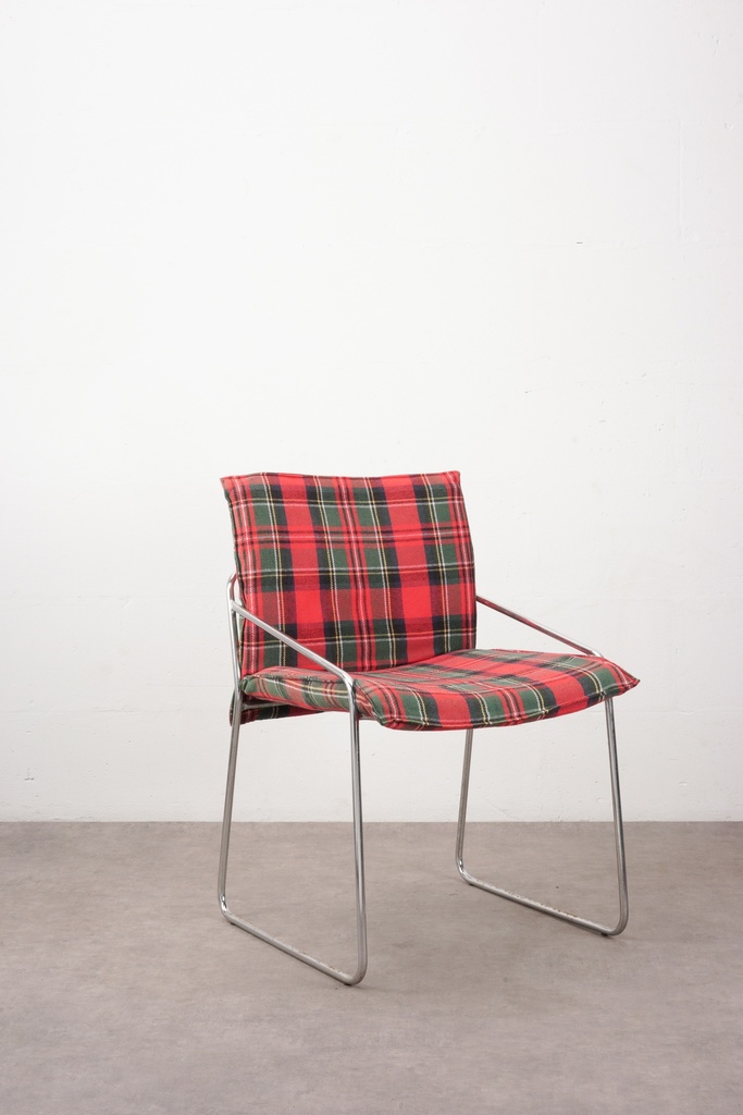 Red Plaid Upholstered Chrome-Framed Chair