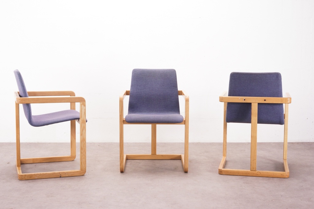 Mid-Century Modern Oak Frame Chairs with Indigo Upholstery (Set of Three)