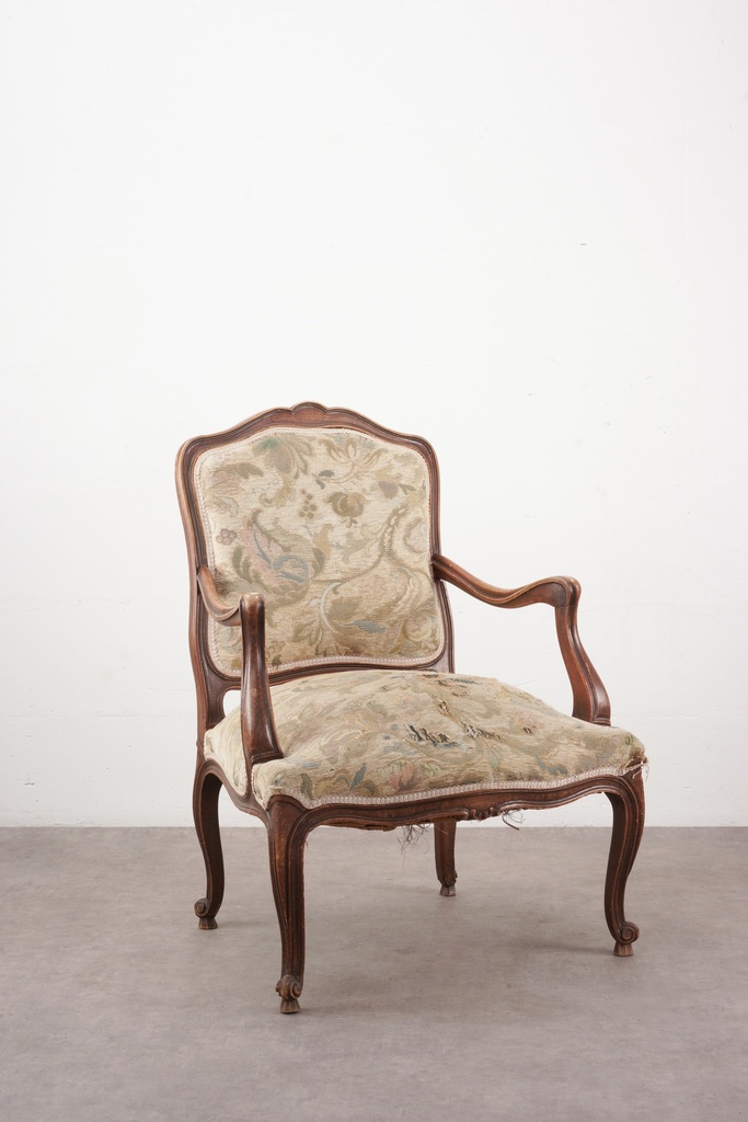 Antique French Louis XV Armchair with Distressed Tapestry Upholstery