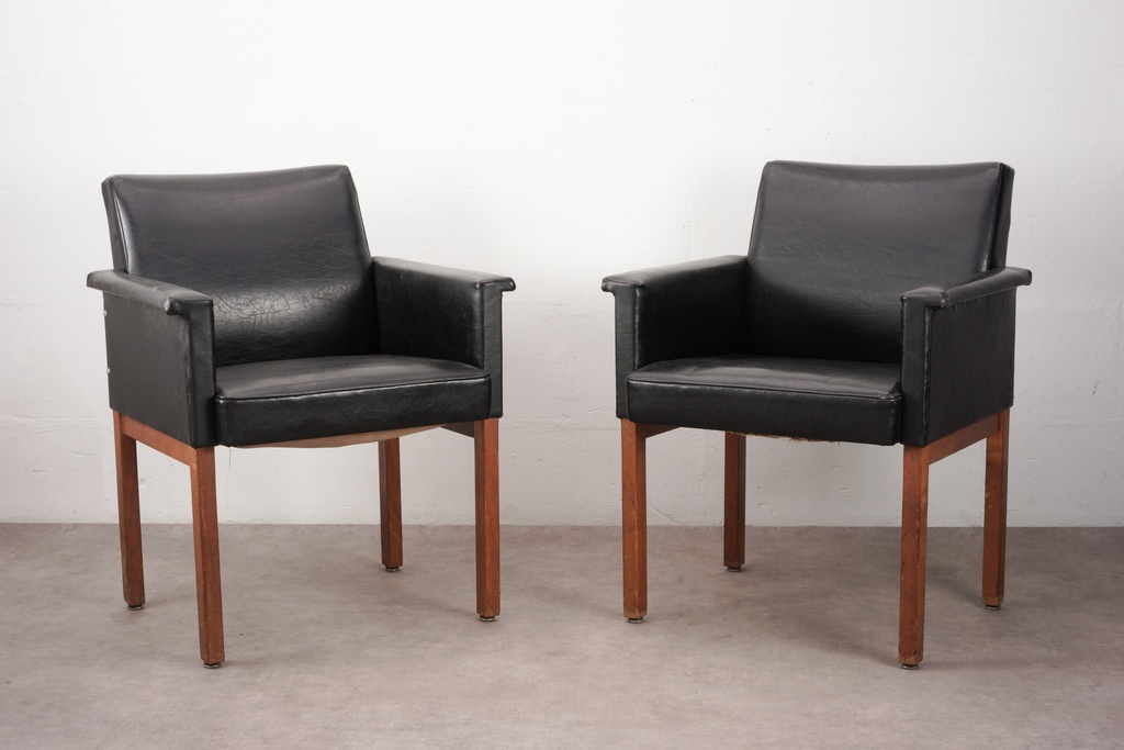 Mid-Century Modern Black Leather Armchairs with Wood Frames