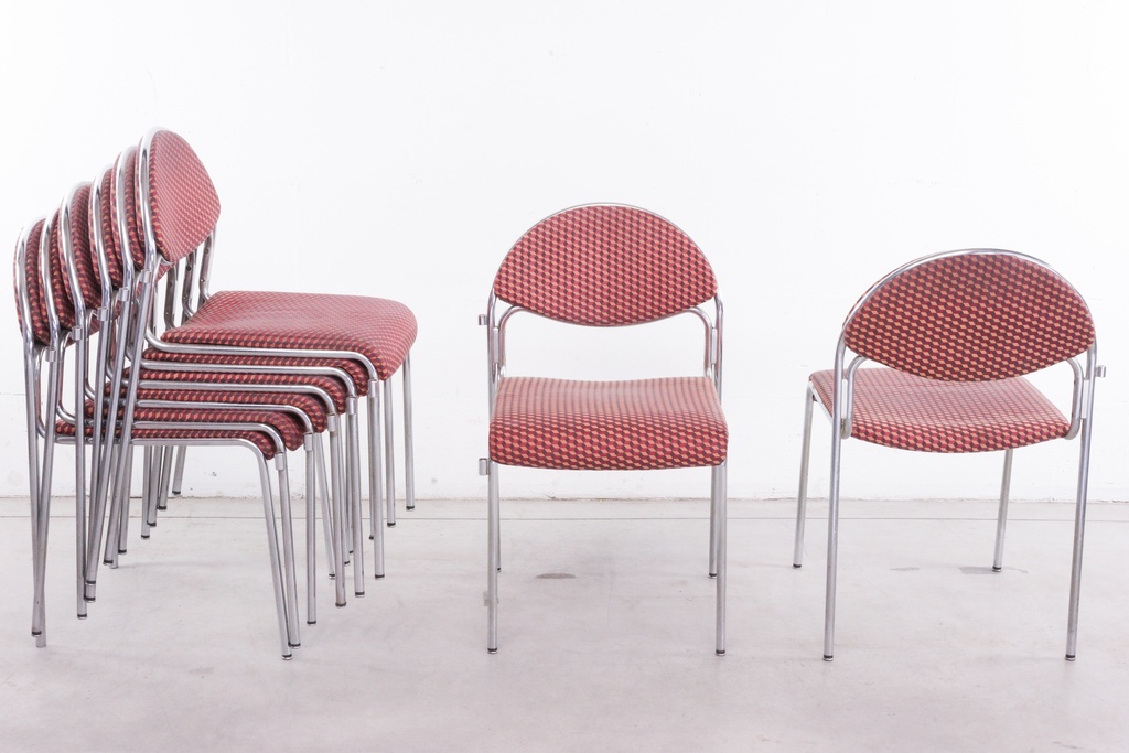 Retro Chrome and Red Patterned Stackable Chairs