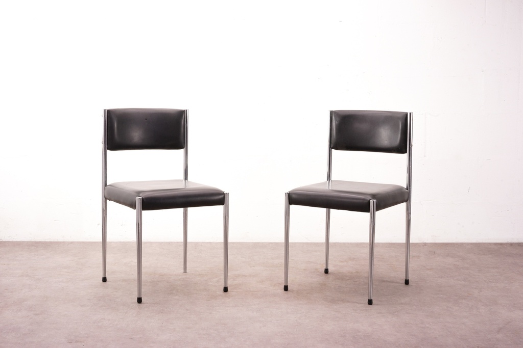 Pair of Modern Black Faux Leather Chairs with Chrome Legs