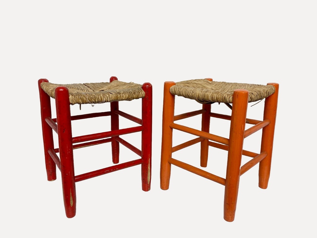 Vintage Red and Orange Wooden Bar Stools with Woven Seats