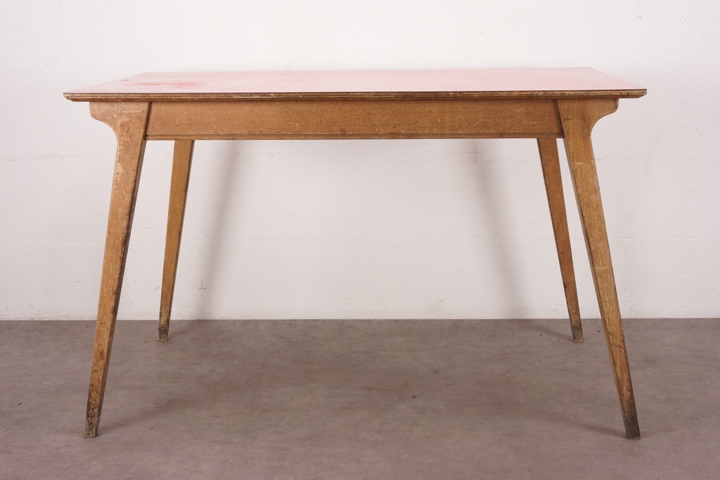 Mid-Century Modern Wooden Table with Pink Laminate Top