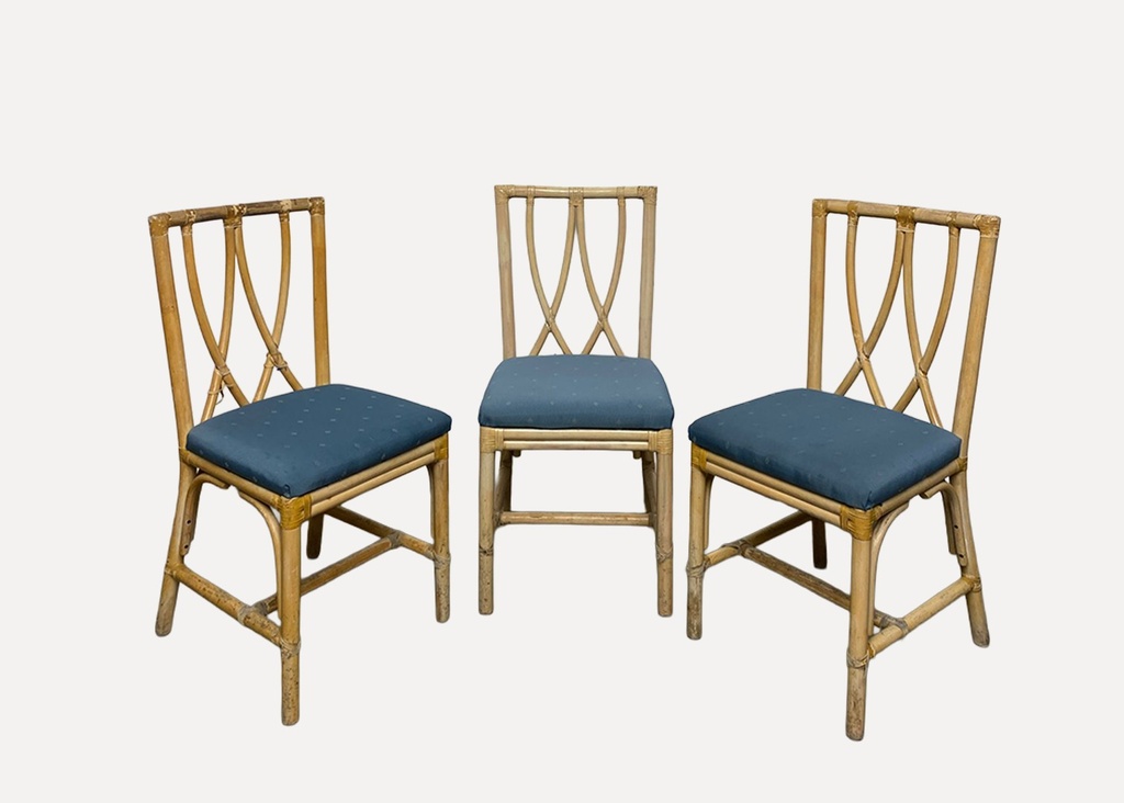 Vintage Bamboo Dining Chair with Blue Upholstered Seat