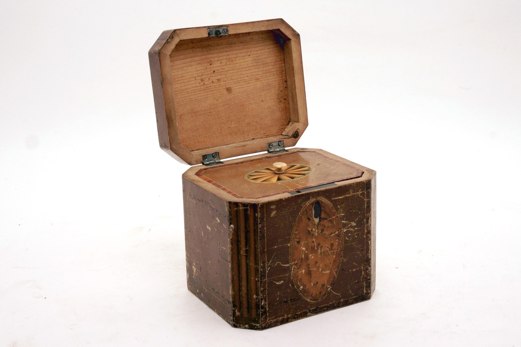 Antique Wooden Tea Caddy with Hinged Lid