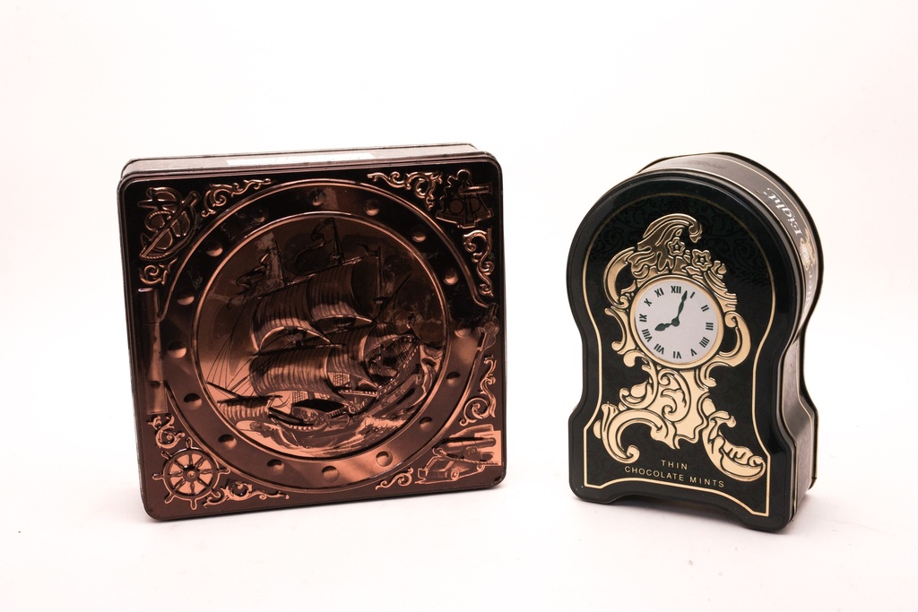 Vintage Decorative Tin Containers – Nautical and Clock Motif