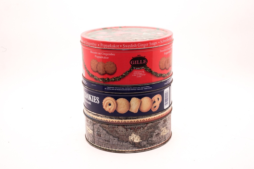 Stacked Assorted Cookie and Biscuit Tins