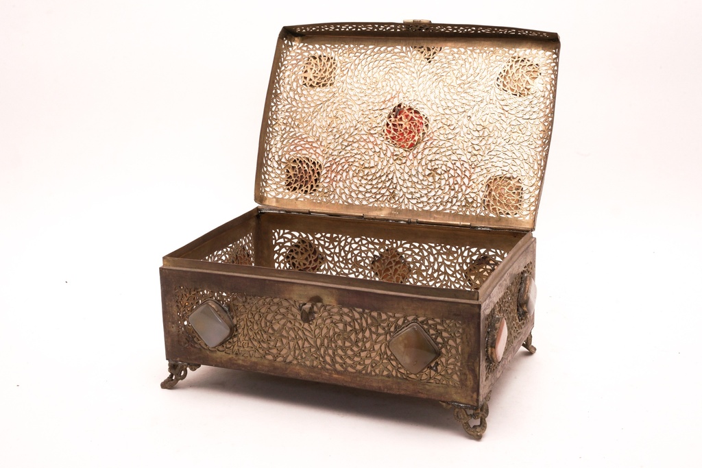 Ornate Brass Jewelry Box with Gemstone Inlays