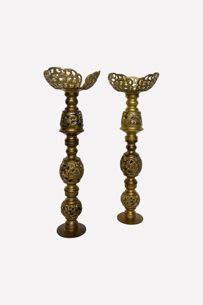 Ornate Brass Candle Holders with Filigree Design
