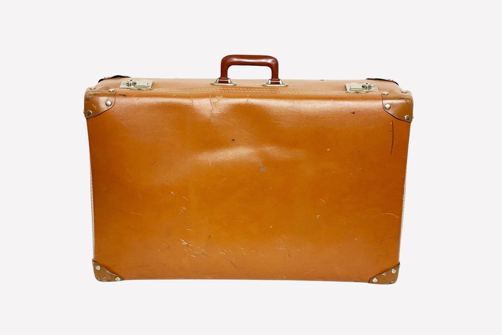 Vintage Tan Leather Suitcase with Brass Accents