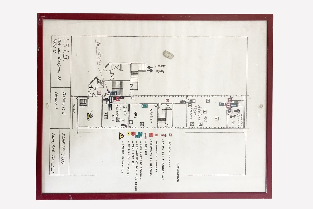 Framed Industrial Building Floor Plan with Emergency Markings