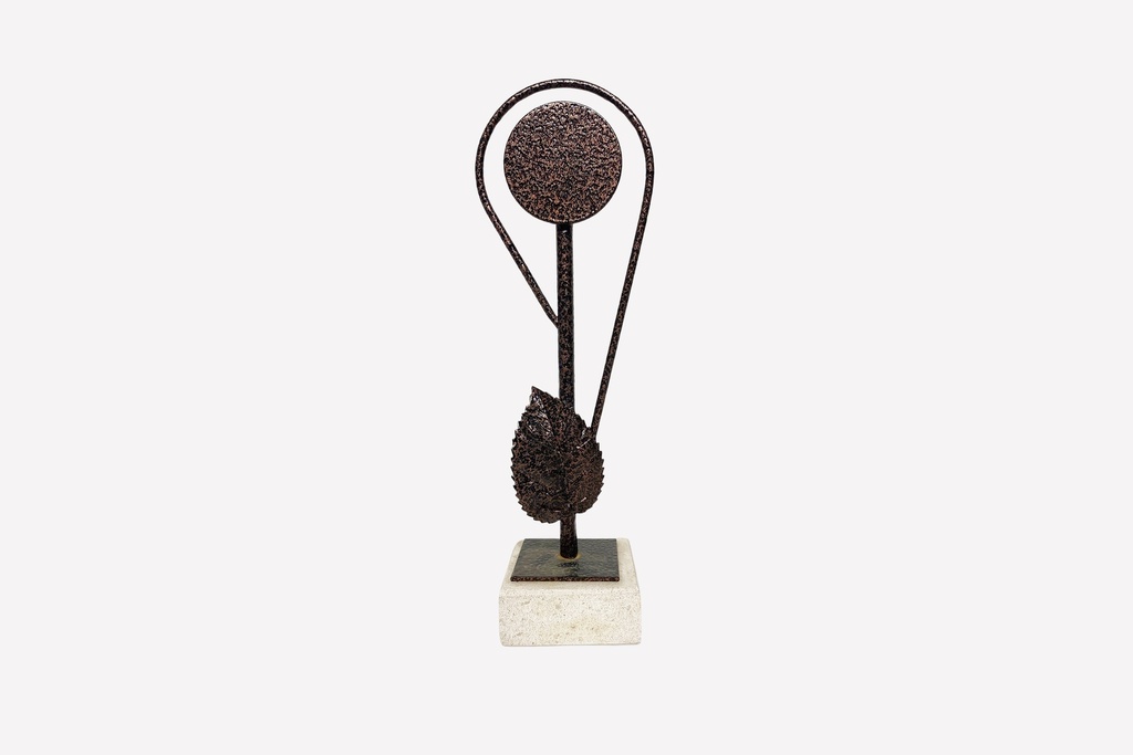 Abstract Iron Sculpture with Leaf Motif on Stone Base