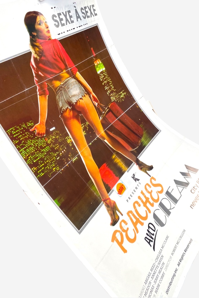 Vintage "Peaches and Cream" Movie Poster with City Skyline Background