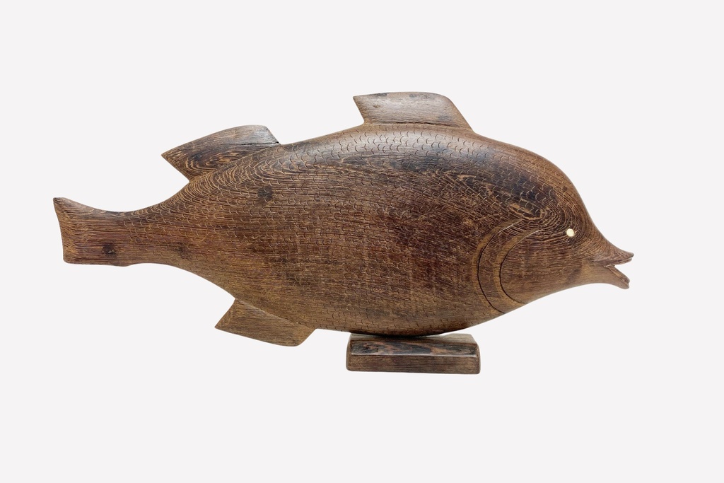 Carved Wooden Fish Sculpture on Stand