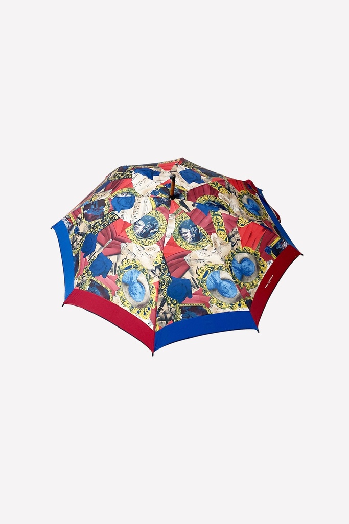 Baroque Collage Print Umbrella with Bold Red and Blue Accents