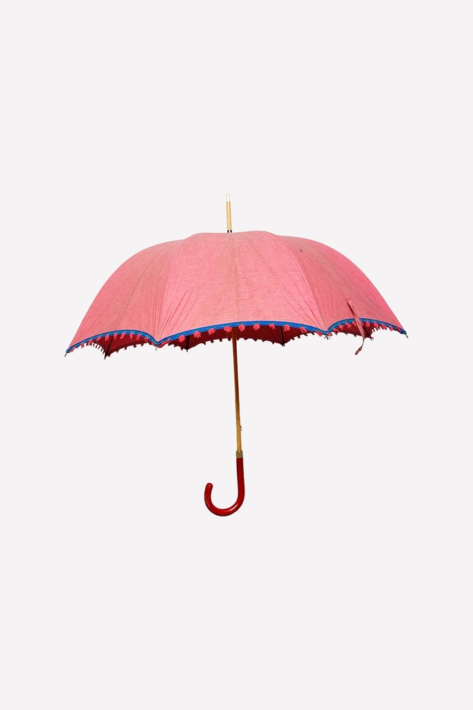 Pink Parasol with Blue Trim and Red Hook Handle