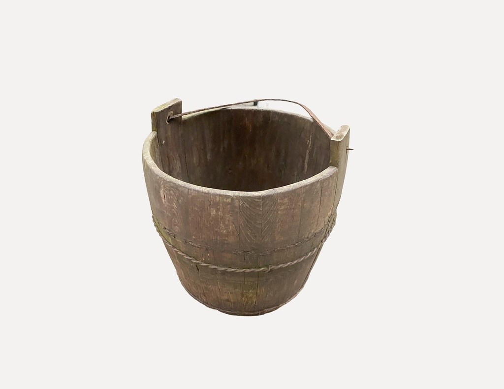 Rustic Wooden Bucket with Iron Handle
