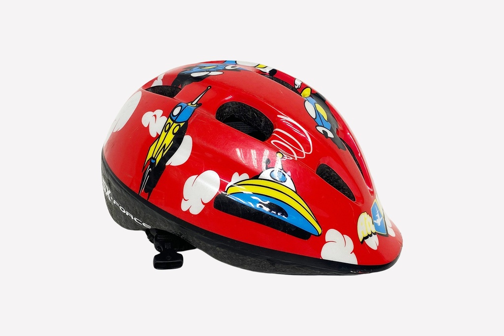 Kids' Red Bicycle Helmet with Cartoon Spaceship Design