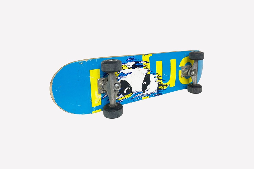 Blue Graphics Skateboard with Worn Deck
