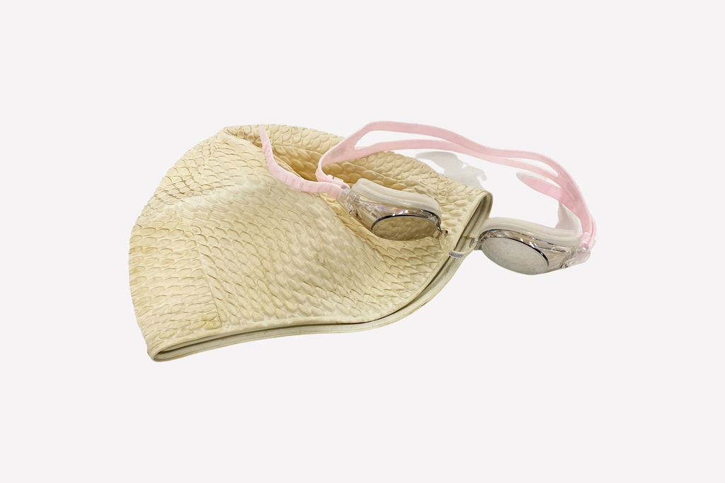 Vintage Beige Swim Cap with Pink-Strapped Goggles