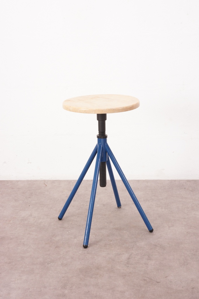 Industrial Adjustable Tripod Stool with Wooden Seat