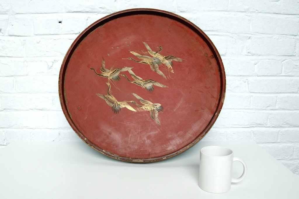 Vintage Red Metal Tray with Gold Crane Design