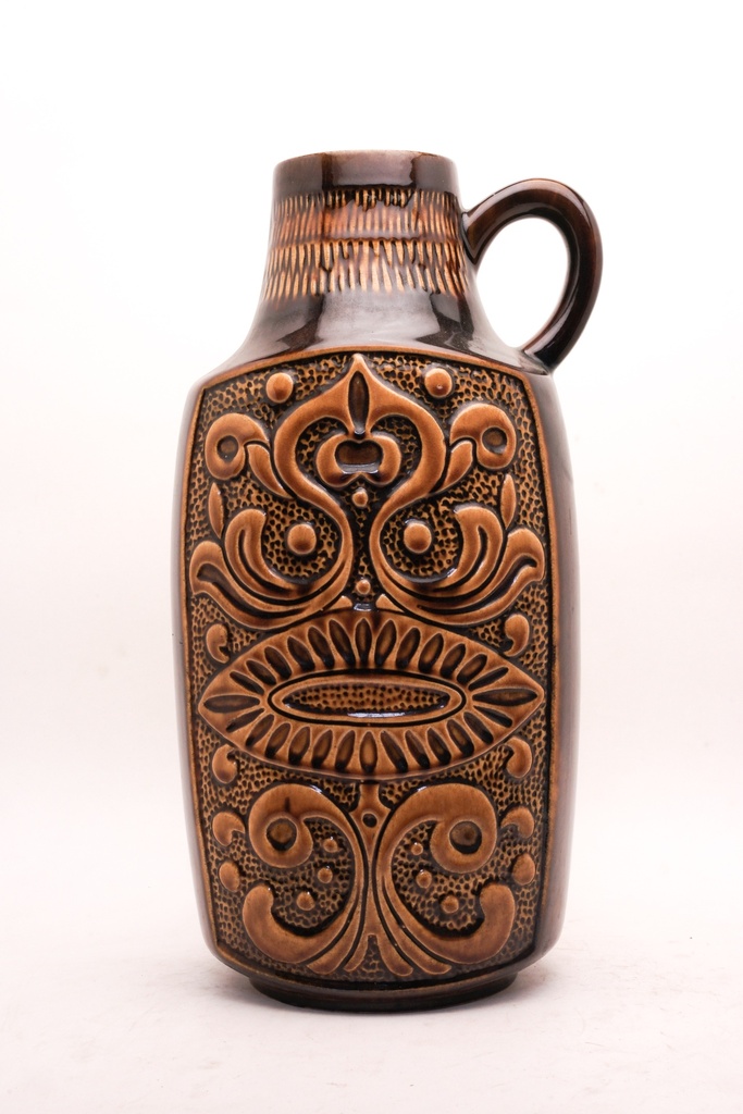 Vintage Brown Ceramic Jug with Embossed Floral Motif