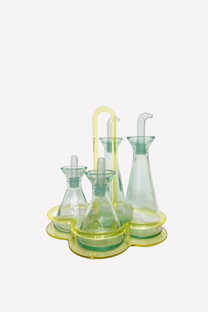 Retro Glass Cruet Set with Yellow Holder
